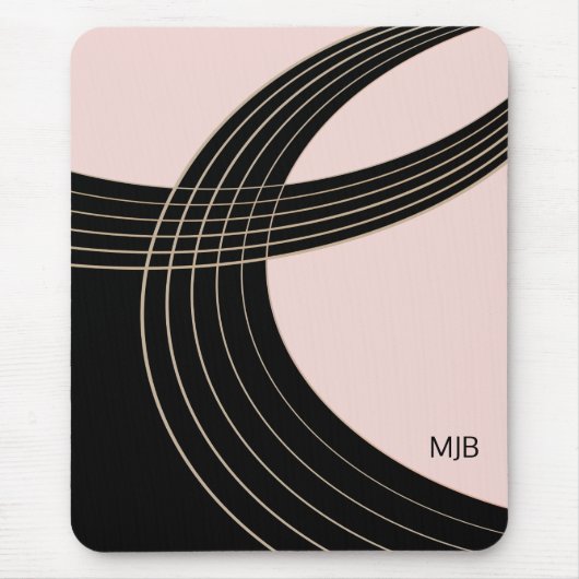 Art-Deco-Kurven in Schwarz und Rosa mit Monogramm Mousepad (Vorne)