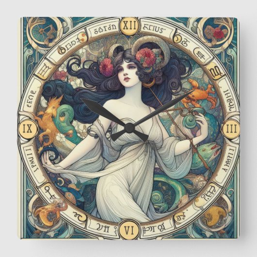 Art Deco Lady AI Design Assisted Wall Clock Quadratische Wanduhr (Vorderseite)