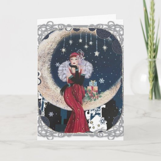Art Deco Lady auf dem Mond Weihnachtskarte Karte (Vorderseite)