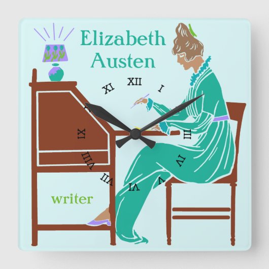 Art Deco Lady Author am Schreibtisch in Aquamarin Quadratische Wanduhr (Vorderseite)