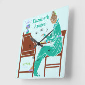 Art Deco Lady Author am Schreibtisch in Aquamarin Quadratische Wanduhr (Winkel)