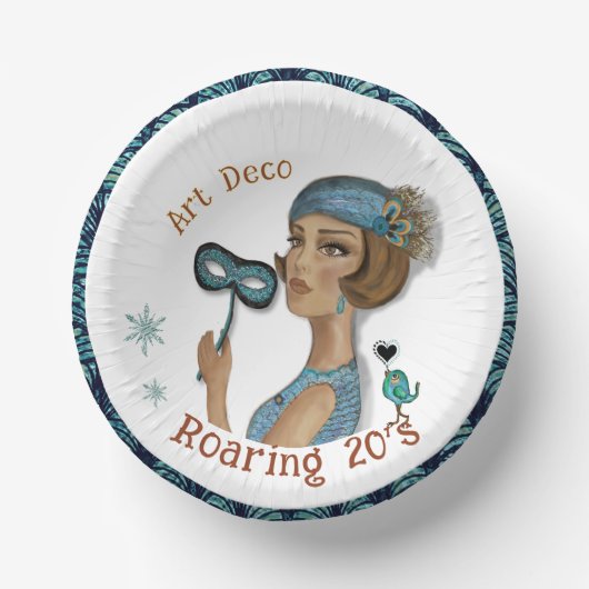 Art Deco Lady mit Blume weiß Pappteller (Vorderseite)