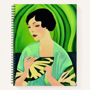 Art Deco Lady mit einem Fan im Jade Green Journal Notizblock