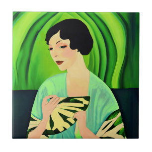 Art Deco Lady mit einem Fan in Jade Green Fliese