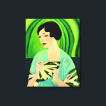 Art Deco Lady mit einem Fan in Jade Green Leinwanddruck<br><div class="desc">Leinwand in einem modernen,  halb abstrakten Art-Déco-Porträt einer Dame in einem Kimono,  mit einem Fan,  vor einem jade grünen abstrakten Hintergrund</div>
