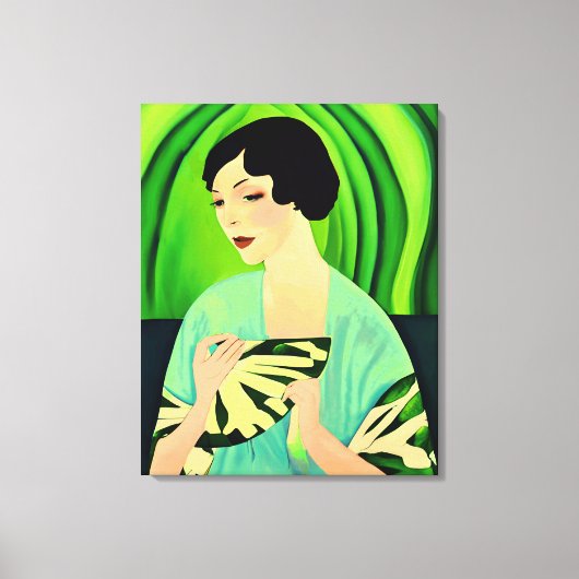 Art Deco Lady mit einem Fan in Jade Green Leinwanddruck (Vorderseite)
