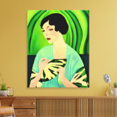 Art Deco Lady mit einem Fan in Jade Green Leinwanddruck (Insitu (Wohnzimmer))