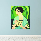 Art Deco Lady mit einem Fan in Jade Green Leinwanddruck (Insitu (Holzboden))