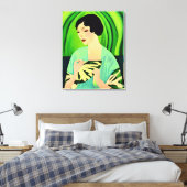 Art Deco Lady mit einem Fan in Jade Green Leinwanddruck (Insitu (Schlafzimmer))