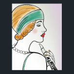 Art Deco Lady mit Klarinette Poster<br><div class="desc">Eine schöne digitale Linie,  die vom Profil einer Frau zeichne,  die eine Klarinette im klassischen Deko-Stil hält. Sie hat hellbraune Haare und trägt ein aquamarines Kopfband und Perlen,  und hat einen korallenroten Lippenstift. Ihre Augen sind fast geschlossen,  sodass ihre Wimpern dargestellt werden. Hintergrund ist ein leichter Lavendelverlauf.</div>