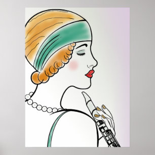 Art Deco Lady mit Klarinette Poster