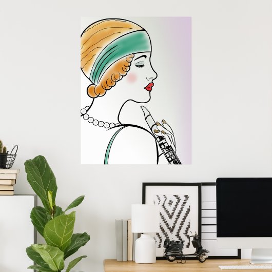 Art Deco Lady mit Klarinette Poster (Heimbüro)