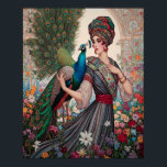 Art Deco Lady mit Peacock Poster<br><div class="desc">Art-Deco-Druck mit einer Dame in einem Turban mit ihrem Pfau,  der durch ihren Blumengarten geht.</div>