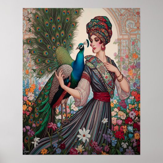 Art Deco Lady mit Peacock Poster (Vorne)