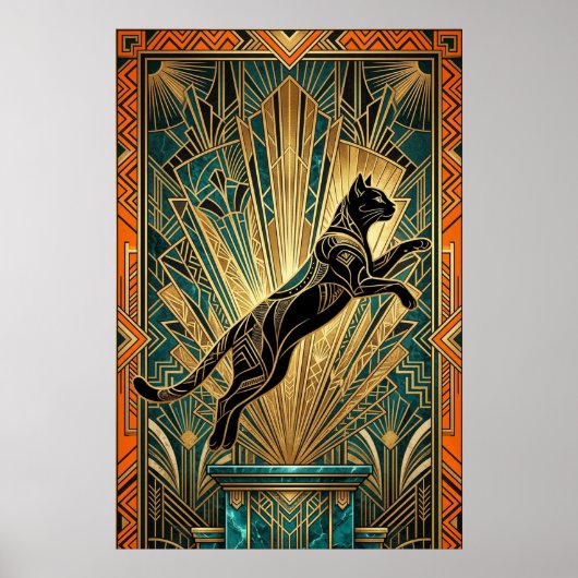 Art Deco Leaping Black Cat Wall Art Poster (Vorne)