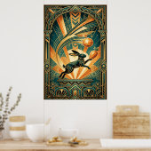 Art Deco Leaping Rabbit Gold & Teal Art Poster (Küche)