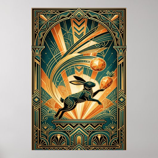 Art Deco Leaping Rabbit Gold & Teal Art Poster (Vorne)