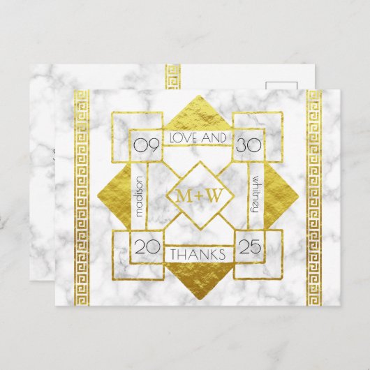 Art Deco Liebe und Dank Hochzeit Marmor Gold Foil Postkarte (Vorne/Hinten)