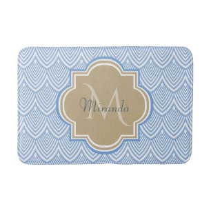 Art Deco Light Blue Fish Scales Tan Monogram Name Badematte