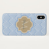 Art Deco Light Blue Fish Scales Tan Monogram Name Case-Mate iPhone Hülle (Rückseite (Horizontal))