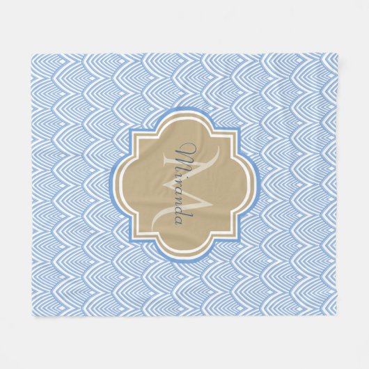 Art Deco Light Blue Fish Scales Tan Monogram Name Fleecedecke (Vorderseite (Horizontal))