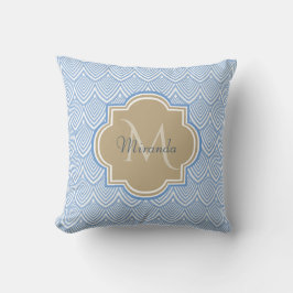 Art Deco Light Blue Fish Scales Tan Monogram Name Kissen