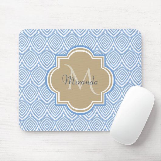 Art Deco Light Blue Fish Scales Tan Monogram Name Mousepad (Mit Mouse)