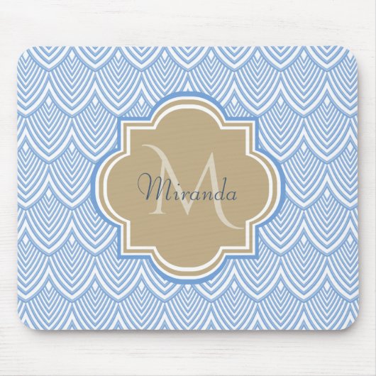 Art Deco Light Blue Fish Scales Tan Monogram Name Mousepad (Vorne)