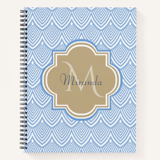 Art Deco Light Blue Fish Scales Tan Monogram Name Notizbuch (Vorderseite)