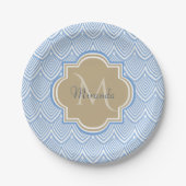 Art Deco Light Blue Fish Scales Tan Monogram Name Pappteller (Vorderseite)