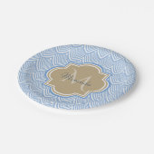 Art Deco Light Blue Fish Scales Tan Monogram Name Pappteller (Schrägansicht)