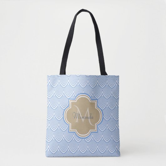 Art Deco Light Blue Fish Scales Tan Monogram Name Tasche (Vorderseite)