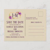 Art Deco Lila Floral Wasserfarbe Save the Date Ankündigungspostkarte (Rückseite)