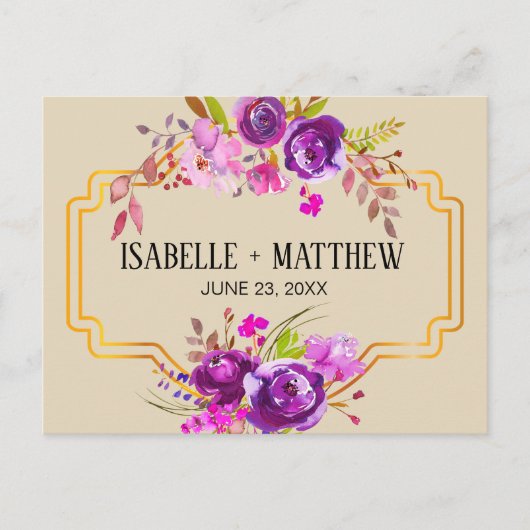 Art Deco Lila Floral Wasserfarbe Save the Date Ankündigungspostkarte (Vorderseite)