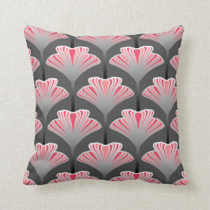 Art Deco-Lilie, Grau und Korallenrosa Kissen