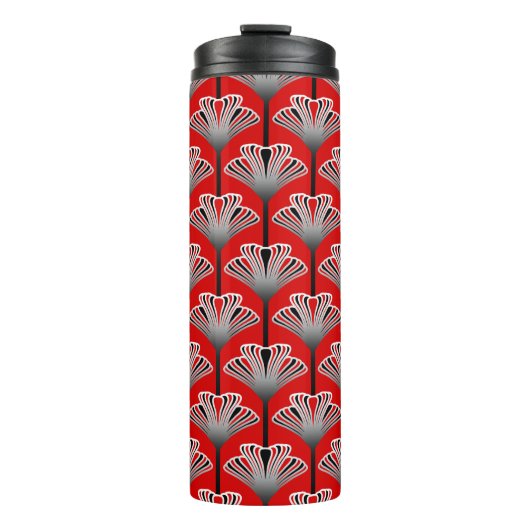 Art Deco Lily, Deep Red and Gray / Grau Thermosbecher (Vorderseite)