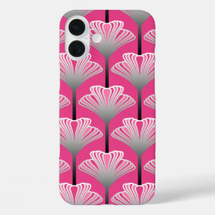 Art Deco Lily, Fuchsia Pink und Silver Grau iPhone 16 Plus Hülle