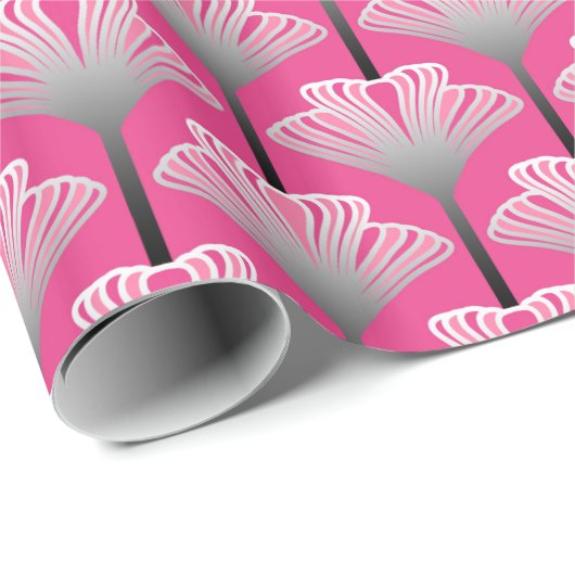 Art Deco Lily, Fuchsia Pink und Silver Grau Geschenkpapier (Rolleneckpunkt)