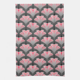Art Deco Lily, grau / grau und korallenrosa Geschirrtuch