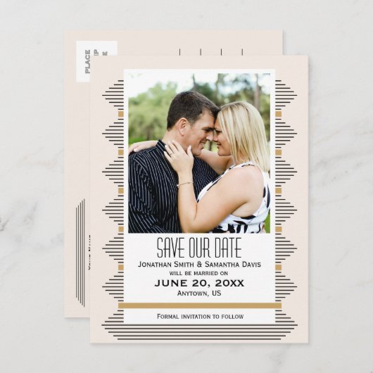 Art Deco Lines, Gold & Black Foto Save the Date Ankündigungspostkarte (Vorne/Hinten)