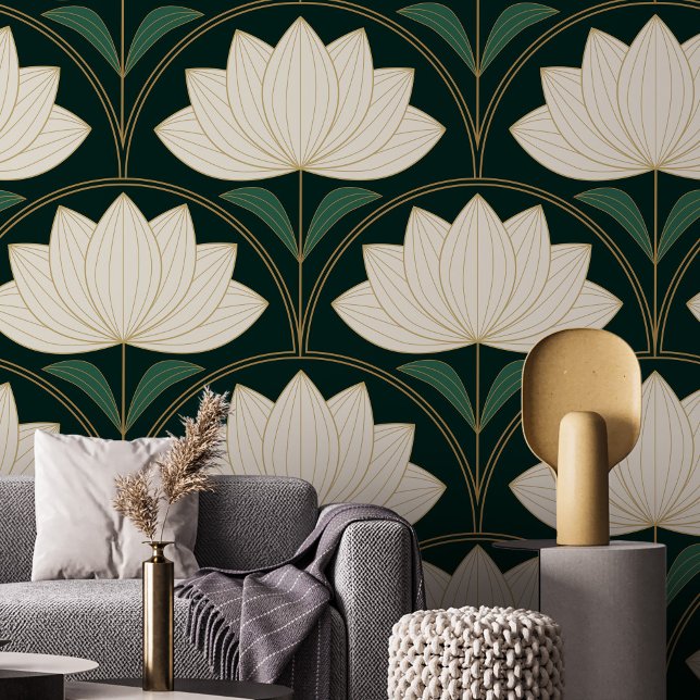 Art Deco Lotus - Blume über das Goldene Fans Muste Tapete (Von Creator hochgeladen)