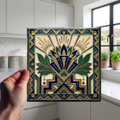 Art Deco Lotus Floral Navy Blue Gold Green Pattern Fliese