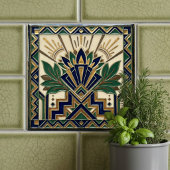 Art Deco Lotus Floral Navy Blue Gold Green Pattern Fliese