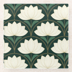 Art Deco Lotusblumen auf goldenem Fächer-Muster Glasuntersetzer