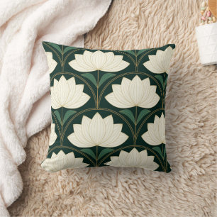 Art Deco Lotusblumen auf goldenem Fächer-Muster Kissen