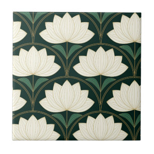 Art Deco Lotusblumen auf goldenen Fächern Fliese