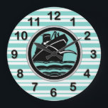 Art Deco Lt Blue Wht Striping Blk Ship DIY Marker Große Wanduhr<br><div class="desc">Art-Deko Light Blue und White Stripes, Black Ship, mit DIY Markers. Ein schwarz-weißes Deko mit hellblau-weiß gestreiftem Hintergrund. Es gibt 4 verschiedene Farben für Zahlen, aus denen Sie auswählen können. Wählen Sie die Ziffernfarbe aus, die Sie gewollt haben, um alle anderen behalten, und entfernen Sie sie, bevor Sie den Kauf...</div>