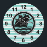 Art Deco Lt Blue Wht Striping Blk Ship DIY Marker Große Wanduhr<br><div class="desc">Art-Deko Light Blue und White Stripes, Black Ship, mit DIY Markers. Ein schwarz-weißes Deko mit hellblau-weiß gestreiftem Hintergrund. Es gibt 4 verschiedene Farben für Zahlen, aus denen Sie auswählen können. Wählen Sie die Ziffernfarbe aus, die Sie gewollt haben, um alle anderen behalten, und entfernen Sie sie, bevor Sie den Kauf...</div>