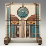 Art Deco Lüfter und Circle Aquamarin Tan Rusty Fliese<br><div class="desc">Dieses "Art Deco Fan and Circle Keramik Print Tile" vereint das Wesen der Art Déco-Ära mit ihren Fanmotiven und dem fett-runden Kernstück. Das Design verbindet eine Symphonie von aquamarinen, bräunlichen und rostfarbenen Tönen, harmonisiert mit geometrischer Präzision auf einer cremigen Leinwand. Dieser Fliesenprint ist glatt und flach, spiegelt die Tiefe und...</div>