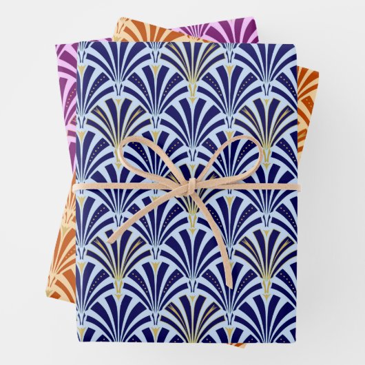 Art Deco Lüftermuster, Dunkelblau, Orange, Violet Geschenkpapier Set (Beispiel)